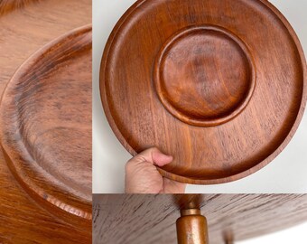 Mid Century Danish SOLID Teak Round Service tray with Copper Feet - Minimalist Modernist Round Circular, cheese, board, charcuterie, 14 inch