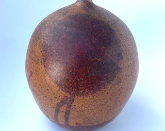 Phenomenal Mid 20th Century Studio Pottery Vase, Near Closed Form, Signed, Japanese Artist TAKI, Wabi Sabi, Burgundy Red Sun, Moon,