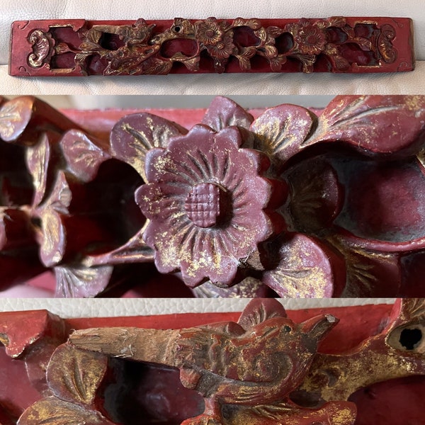 Antique Chinese Architectural Panel - hand Carved in relief- bird and blossoms- gilt Red lacquer. 19 x 2.5 Asian artifact