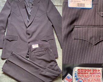 Vintage Shepler’s Black Pinstripe Western 2 piece suit- 52 Long Jacket, Pants 44 waist, Made in USA, Cowboy Wedding, Dress, Groom, big tall