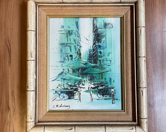 Mid Century Modernist Abstract Asian City Scape Painting Oil on canvas - by artist C.H. Huang, 14 X 12 inches  Turquoise, vintage Tiki frame