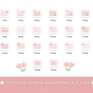 May include: A set of 20 pink folder icons and wallpapers in three sizes, each with a different design, including floral and bow details. The text at the bottom reads "20 FOLDER ICONS & WALLPAPERS IN 3 SIZES".