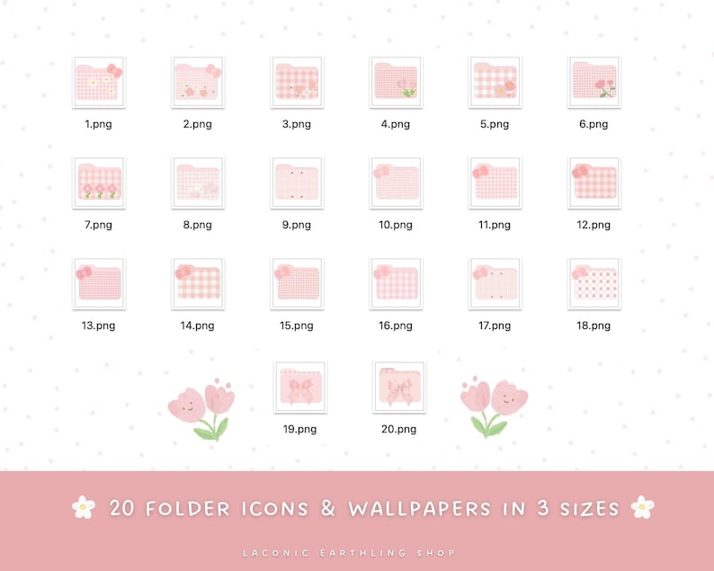 May include: A set of 20 pink folder icons and wallpapers in three sizes, each with a different design, including floral and bow details. The text at the bottom reads "20 FOLDER ICONS & WALLPAPERS IN 3 SIZES".