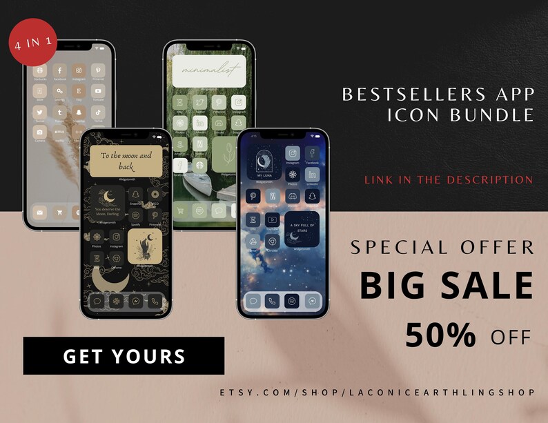 Op de afbeelding: Vier smartphones met app-icoonbundels met verschillende thema's. E&eacute;n telefoon toont beige iconen, een andere groene en een derde met een nachthemelthema. De vierde telefoon heeft een zwart-goud thema. Tekst luidt "BESTSELLERS APP ICON BUNDLE" en "BIG SALE 50% OFF."
