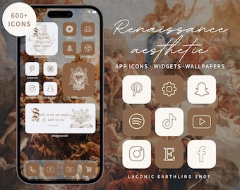 May include: A smartphone screen displaying app icons, widgets, and wallpapers with a Renaissance aesthetic. The icons are in shades of brown and cream, with app names like Pinterest, Instagram, and Facebook. The background features a classical painting.