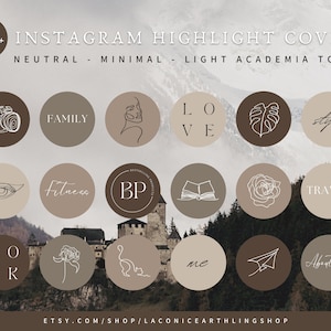 May include: A set of Instagram highlight covers in neutral, minimal, and light academia tones. The covers display icons and text, such as a camera, the word "Family", a face outline, the word "Love", a leaf, the word "Style", an eye, the word "Fitness", the letters "BP", a book, a rose, the word "Travel", the words "Book", "me", and "About me".