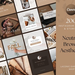 Puede incluir: Un conjunto de 200 plantillas de publicaciones e historias de Instagram con una estética marrón neutra. Las plantillas de Canva incluyen diseños para el cuidado de la piel, el lanzamiento de nuevos productos y las rebajas de otoño. El texto incluye "Summer Collection" y "Self Care".