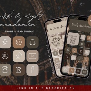 Op de afbeelding: Een digitale productbundel voor iPhone en iPad met een dark academia-thema. De afbeelding toont twee telefoons met aangepaste app-pictogrammen in bruin- en beigetinten. De tekst bevat "Dark & Light academia" en "1.200+ Icons".