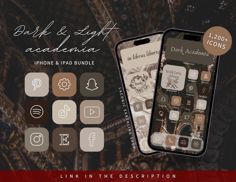 Op de afbeelding: Een digitale productbundel voor iPhone en iPad met een dark academia-thema. De afbeelding toont twee telefoons met aangepaste app-pictogrammen in bruin- en beigetinten. De tekst bevat "Dark & Light academia" en "1.200+ Icons".