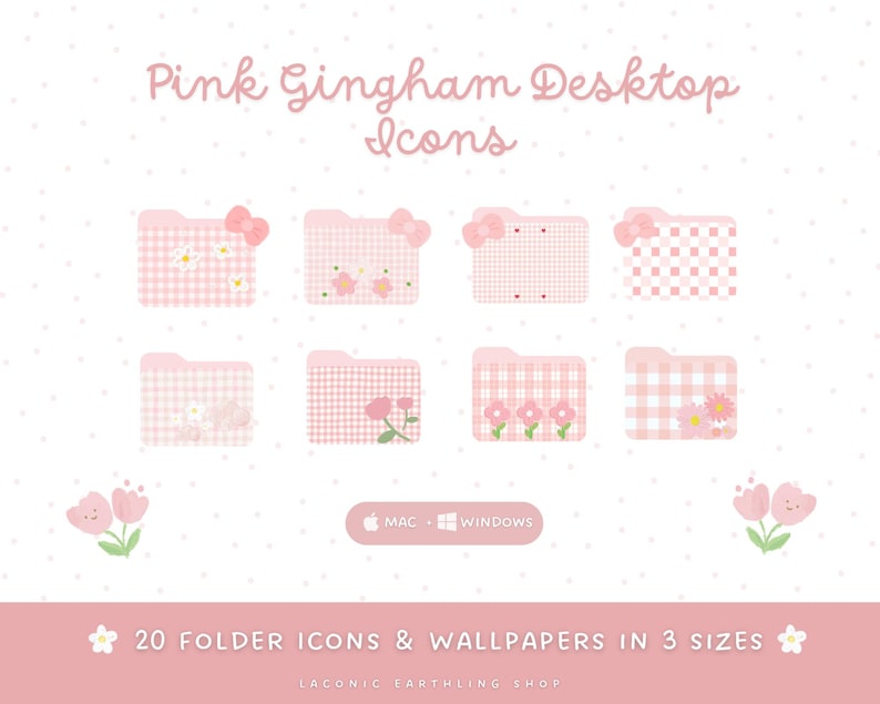 May include: A collection of pink gingham desktop icons featuring folder designs with bows, flowers, and checkered patterns. The image includes the text "Pink Gingham Desktop Icons" and "20 FOLDER ICONS & WALLPAPERS IN 3 SIZES".