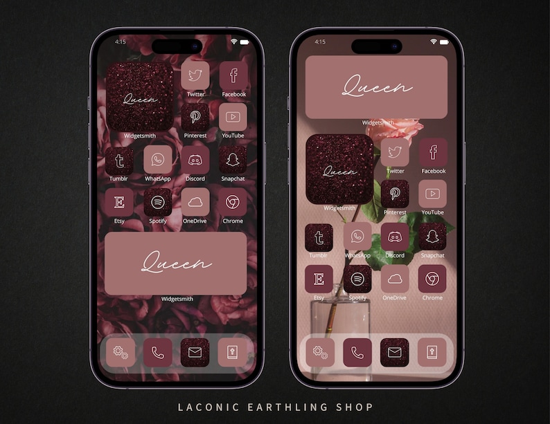 Op de afbeelding: Twee iPhone-schermen met een aangepast startschermontwerp met een bloemenachtergrond. Het ontwerp heeft een kleurenschema van bordeauxrood, mauve en wit. Het woord "Queen" wordt in cursief weergegeven. App-pictogrammen zijn aangepast.