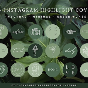 Puede incluir: Un conjunto de portadas destacadas de Instagram en tonos verdes, con diseños minimalistas y texto. Las portadas presentan iconos y palabras como "selfies", "viajes" y "fitness". El fondo es una textura de hojas verde oscuro.