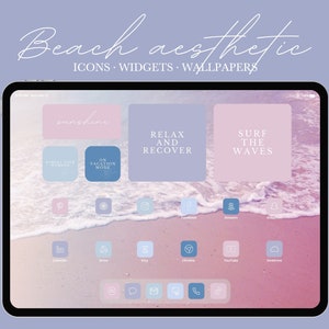 May include: A digital tablet displaying a beach-themed aesthetic with icons, widgets, and wallpapers. The screen features pastel pink and blue app icons, with text overlays like "sunshine" and "Surf the Waves." A white stylus is positioned to the left.
