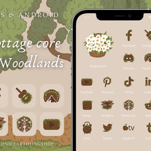iOS 18 & Android Cottagecore Woodlands Aesthetic Hand drawn App Icons Pack | cottagecore aesthetic, dreamy, vintage, fairycore, nature