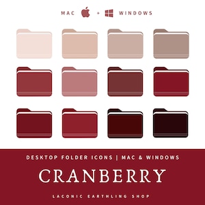 May include: Twelve desktop folder icons in shades of cranberry, ranging from pale beige to dark burgundy. The icons are designed for Mac and Windows. The word "CRANBERRY" is displayed in white text, with the Mac and Windows symbols above.