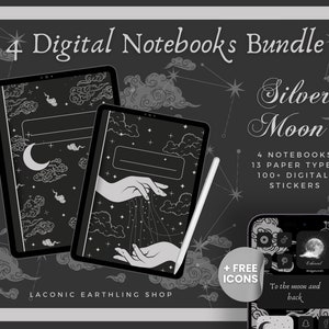 Puede incluir: Un paquete de cuadernos digitales con temática de luna plateada. El paquete incluye cuatro cuadernos, trece tipos de papel y más de 100 pegatinas digitales. Los cuadernos presentan un fondo negro con nubes blancas, estrellas y una luna creciente. El texto "Silver Moon" está escrito en una fuente decorativa.