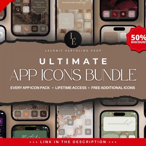 Op de afbeelding: Een promotieafbeelding met een verzameling telefoonapp-iconen. De tekst luidt "ULTIMATE APP ICONS BUNDLE" met een "MEGA SALE" en "50% DISCOUNT" banner. De afbeelding toont verschillende telefoonschermen met verschillende app-icoonontwerpen.