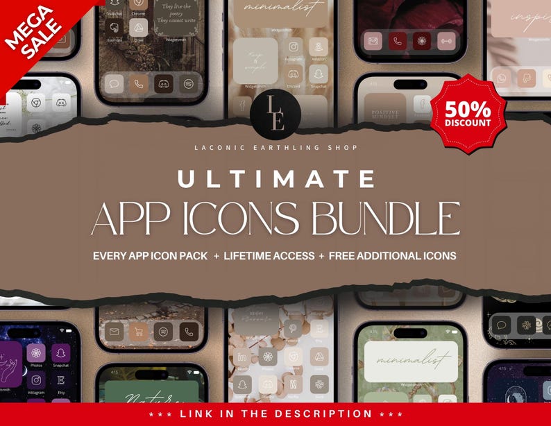 Op de afbeelding: Een promotieafbeelding met een verzameling telefoonapp-iconen. De tekst luidt "ULTIMATE APP ICONS BUNDLE" met een "MEGA SALE" en "50% DISCOUNT" banner. De afbeelding toont verschillende telefoonschermen met verschillende app-icoonontwerpen.