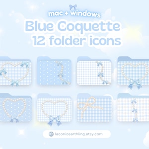 May include: A light blue digital art graphic featuring 12 folder icons with a "Blue Coquette" theme. Each folder has a unique design, including polka dots, gingham patterns, and pearl accents. The text "mac + windows" is at the top.