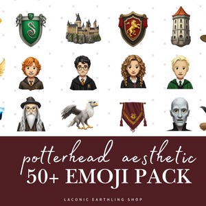 May include: A collection of digital illustrations featuring iconic elements from a fantasy series. Includes a wand, shields, a castle, characters, a sorting hat, and a banner. The text "potterhead aesthetic 50+ EMOJI PACK" is also visible.
