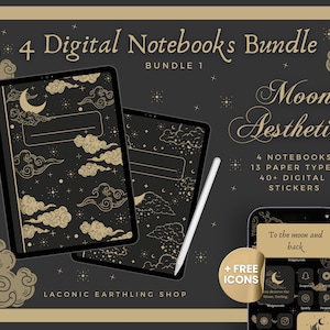 Puede incluir: Un paquete de cuadernos digitales con un tema de estética lunar. La imagen presenta dos tabletas y un teléfono inteligente, todos mostrando diseños celestiales. El texto incluye "4 Digital Notebooks Bundle", "Moon Aesthetic" y "+ FREE ICONS."