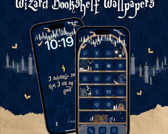 Wizard Bookshelf iPhone Wallpaper: Magical iOS 18 Lock & Home Screen (Digital Download)
