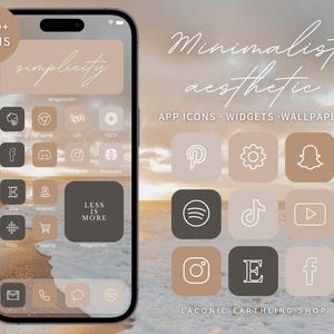 May include: A smartphone screen showing a minimalist aesthetic with app icons, widgets, and wallpapers. The screen displays a beach scene background and the words "simplicity" and "Less is More". The image also includes the text "1200+ Icons".