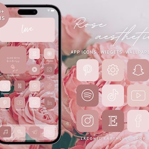 Könnte beinhalten: Ein Smartphone zeigt ein ästhetisches App-Icon-Set, Widgets und Hintergrundbilder zum Thema Rose. Der Bildschirm des Telefons zeigt ein zartes rosa Farbschema mit App-Symbolen und dem Wort "love". Das Bild enthält den Text "Rose aesthetic" und "1200+ icons".