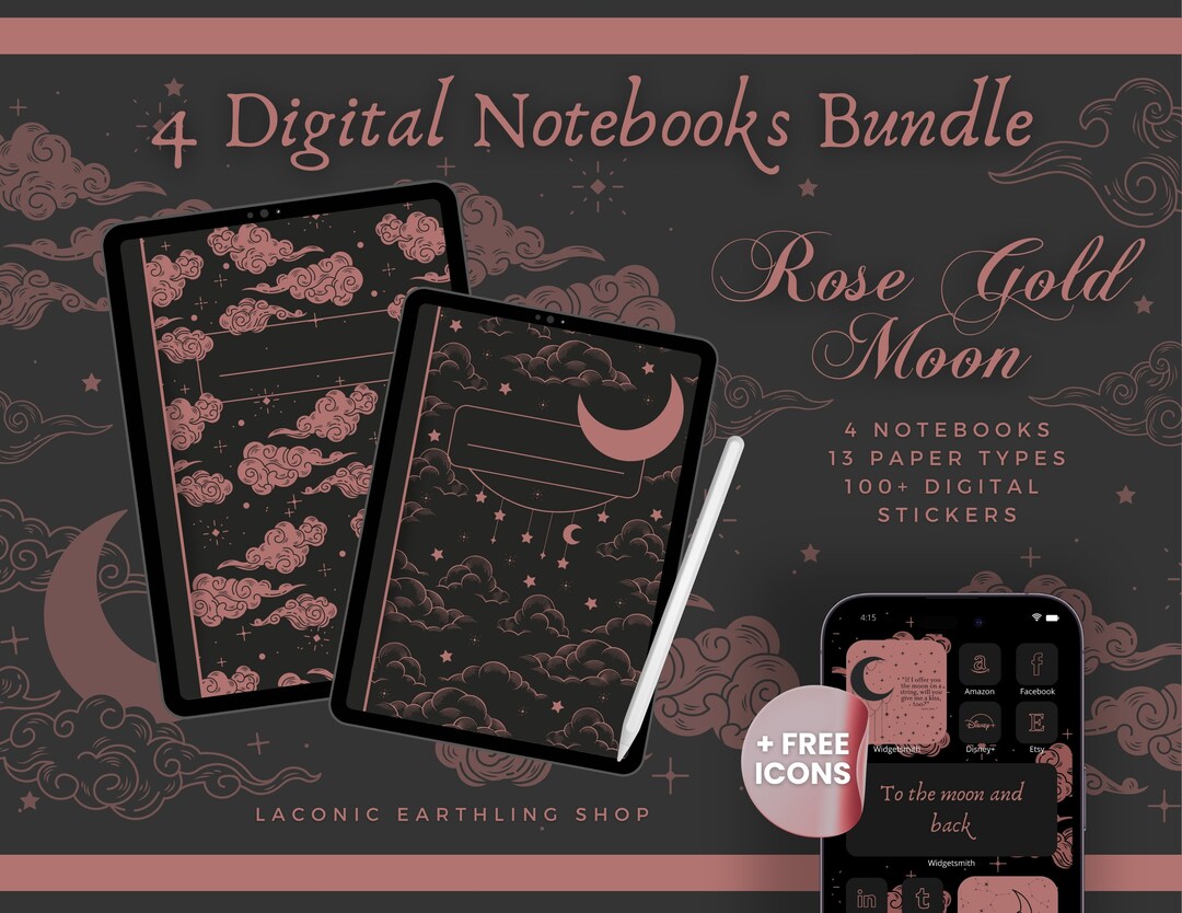 Rose Gold Moon Digital Notebook Bundle | Goodnotes, Notability (free ...