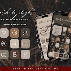 Op de afbeelding: Een digitale productbundel voor iPhone en iPad met een dark academia-thema. De afbeelding toont twee smartphones met aangepaste app-iconen in bruine en beige tinten. De tekst bevat "Dark & Light academia" en "1,200+ Icons".