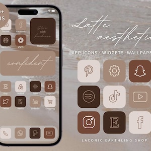 May include: A mobile phone screen showcases a 'Latte Aesthetic' theme with app icons, widgets, and wallpapers in brown and beige tones. Text includes "1200+ Icons", "confident", and app names such as Etsy, Facebook, and Pinterest.