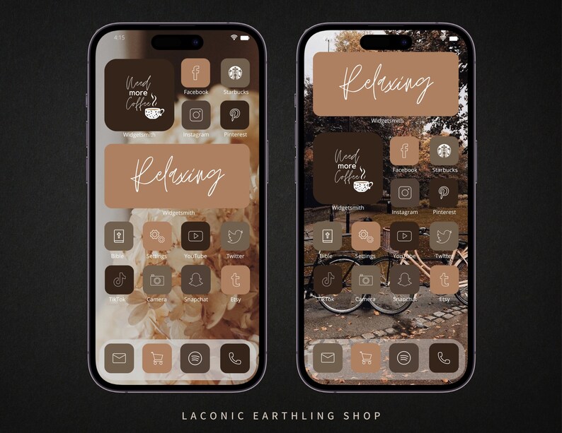 K&ouml;nnte beinhalten: Zwei iPhone-Bildschirme, die ein benutzerdefiniertes Home-Screen-Design in Braun- und Beiget&ouml;nen anzeigen. Die Bildschirme zeigen App-Symbole, Widgets mit dem Text "Relaxing" und "Need More Coffee?" sowie Social-Media-Symbole.
