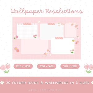 May include: A pink digital wallpaper design with the text "Wallpaper Resolutions." The design features four blank rectangles, floral accents, and the text "20 FOLDER ICONS & WALLPAPERS IN 3 SIZES." Three resolution sizes are listed: 1920 x 1080, 2560 x 1600, and 3072 x 1920.
