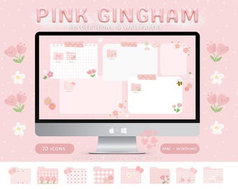 Cute Pink Gingham Desktop Icons Set | Kawaii Coquette Wallpapers, Icons and Organizer | Aesthetic Folder Icons for Windows & Mac Bundle Pack