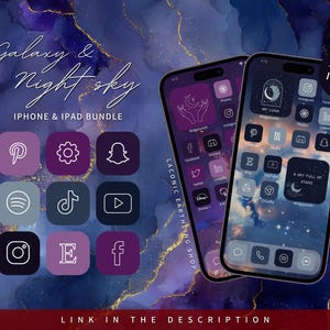 Op de afbeelding: Een digitale productbundel voor iPhone en iPad met een thema van de Melkweg en de nachthemel. De afbeelding toont twee smartphones met aangepaste app-pictogrammen en widgets. De bundel bevat meer dan 1.200 pictogrammen.