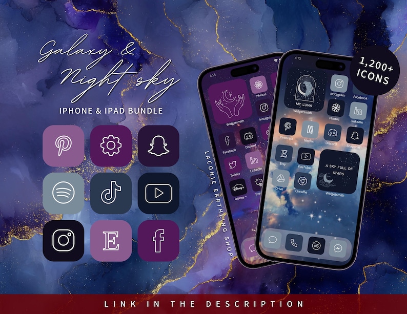Op de afbeelding: Een digitale productbundel voor iPhone en iPad met een thema van de Melkweg en de nachthemel. De afbeelding toont twee smartphones met aangepaste app-pictogrammen en widgets. De bundel bevat meer dan 1.200 pictogrammen.