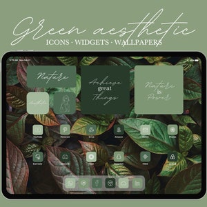 Puede incluir: Una tableta digital que muestra un tema estético verde con iconos, widgets y fondos de pantalla. La pantalla presenta gráficos y texto con temas de la naturaleza, incluyendo "Nature is Power" y "Achieve great Things". Un lápiz óptico blanco está posicionado a la izquierda.