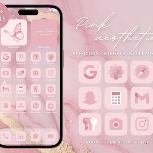 May include: A smartphone displaying a pink marble wallpaper with a collection of matching app icons and widgets. The screen features various social media and utility icons in shades of pink. Text on the image includes 200+ ICONS, Pink aesthetic, APP ICONS, WIDGETS, WALLPAPERS, and LACONIC EARTHLING SHOP.