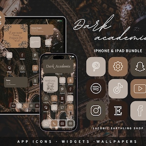 Könnte beinhalten: Ein digitales Bundle für iPhone und iPad mit dem Thema Dark Academia, einschließlich App-Symbolen, Widgets und Hintergrundbildern. Das Bild zeigt ein Telefon und ein Tablet mit benutzerdefinierten Symbolen in Braun- und Beigetönen. Der Text "Dark academia" ist kursiv geschrieben.