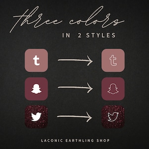 Op de afbeelding: Een donkere achtergrond met de tekst "three colors in 2 styles". De afbeelding toont drie social media-iconen: Tumblr, Snapchat en Twitter, elk in twee verschillende stijlen en kleuren. De winkelnaam "LACONIC EARTHLING SHOP" staat onderaan.