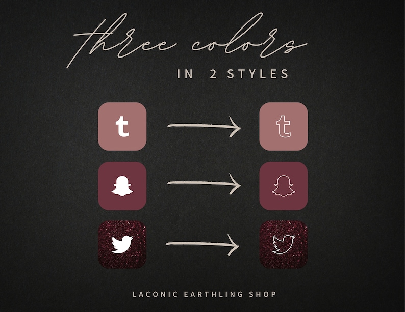 Op de afbeelding: Een donkere achtergrond met de tekst "three colors in 2 styles". De afbeelding toont drie social media-iconen: Tumblr, Snapchat en Twitter, elk in twee verschillende stijlen en kleuren. De winkelnaam "LACONIC EARTHLING SHOP" staat onderaan.