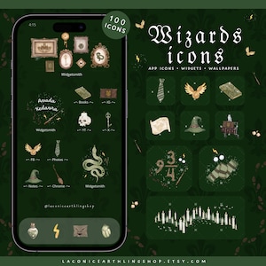 May include: A digital phone screen with a green background and 100 icons themed around the wizarding world. The icons are arranged in a grid and include images of books, a snake, a hat, a key, a potion bottle, and a wand. The text "Wizards icons" is displayed at the top of the screen.