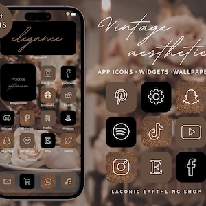 Op de afbeelding: Een smartphone scherm toont een vintage esthetisch thema met app-iconen, widgets en wallpapers. Het scherm heeft een zwart-bruin kleurenschema met iconen voor verschillende apps. Tekst op het scherm bevat "elegance", "Practice" en "300+ icons".