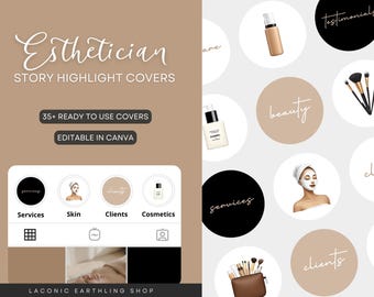 May include: A set of Instagram story highlight covers for an esthetician. The covers feature a variety of images and text, including a woman with a face mask, makeup brushes, and the words "services", "skin", "clients", "cosmetics", "beauty", "testimonials", and "clients".