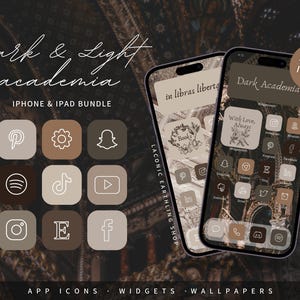 Pode incluir: Um pacote de produtos digitais com o tema "Dark & Light Academia" para iPhone e iPad. A imagem mostra ícones de aplicativos, widgets e papéis de parede em tons de castanho, bege e cinza escuro. O texto inclui "1,200+ Icons" e "in libras liberte".