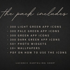 Op de afbeelding: Een donkere achtergrond met witte tekst met digitale items. De tekst luidt "de pack bevat" gevolgd door lijsten met app-pictogrammen, fotowidgets en achtergronden. De winkelnaam "LACONIC EARTHLING SHOP" staat onderaan.