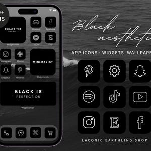 Black Aesthetic iOS 18 and Android 300 App Icons Pack | Bold, Sleek Black Icons, Widgets, Phone Covers & More | LaconicEarthlingShop