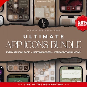 K&ouml;nnte beinhalten: Werbebild f&uuml;r ein App-Icon-Bundle, das mehrere Telefonbildschirme mit verschiedenen App-Designs zeigt. Der Text lautet "ULTIMATE APP ICONS BUNDLE", mit einem "MEGA SALE" Banner und einem "50% DISCOUNT" Badge. Der Shop-Name ist ebenfalls sichtbar.
