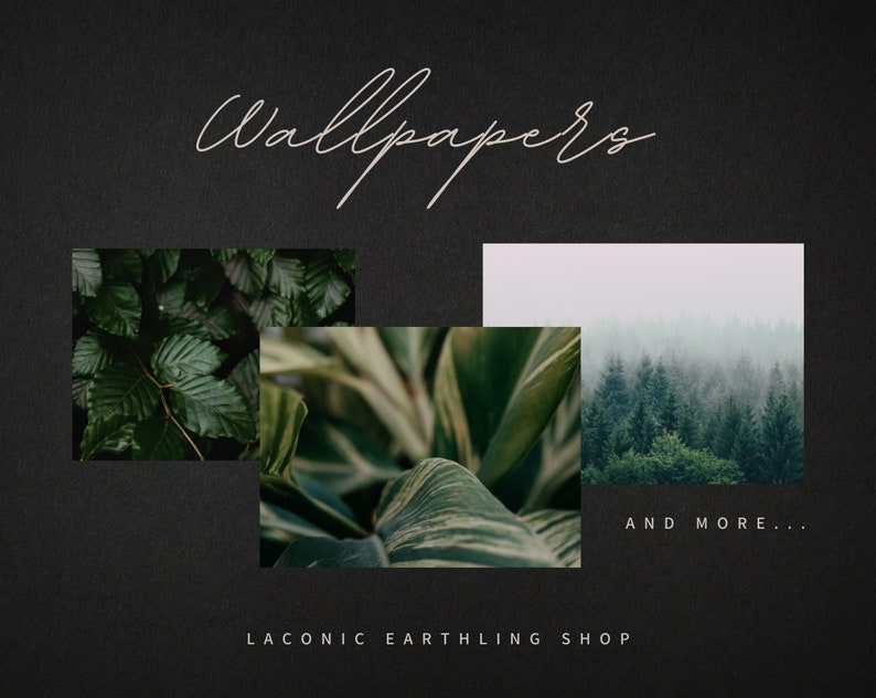 Op de afbeelding: Donkere achtergrond met het woord "Wallpapers" in cursief schrift. Er worden drie afbeeldingen van de natuur weergegeven: weelderige groene bladeren, een close-up van een gestreept blad en een mistig bos. De tekst "AND MORE..." en "LACONIC EARTHLING SHOP" zijn ook aanwezig.