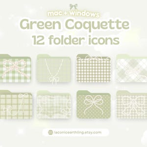 May include: A digital product showcasing 12 green folder icons with diverse patterns and bow motifs. The text "Green Coquette" and "12 folder icons" is above the folders. Compatible with Mac and Windows operating systems.